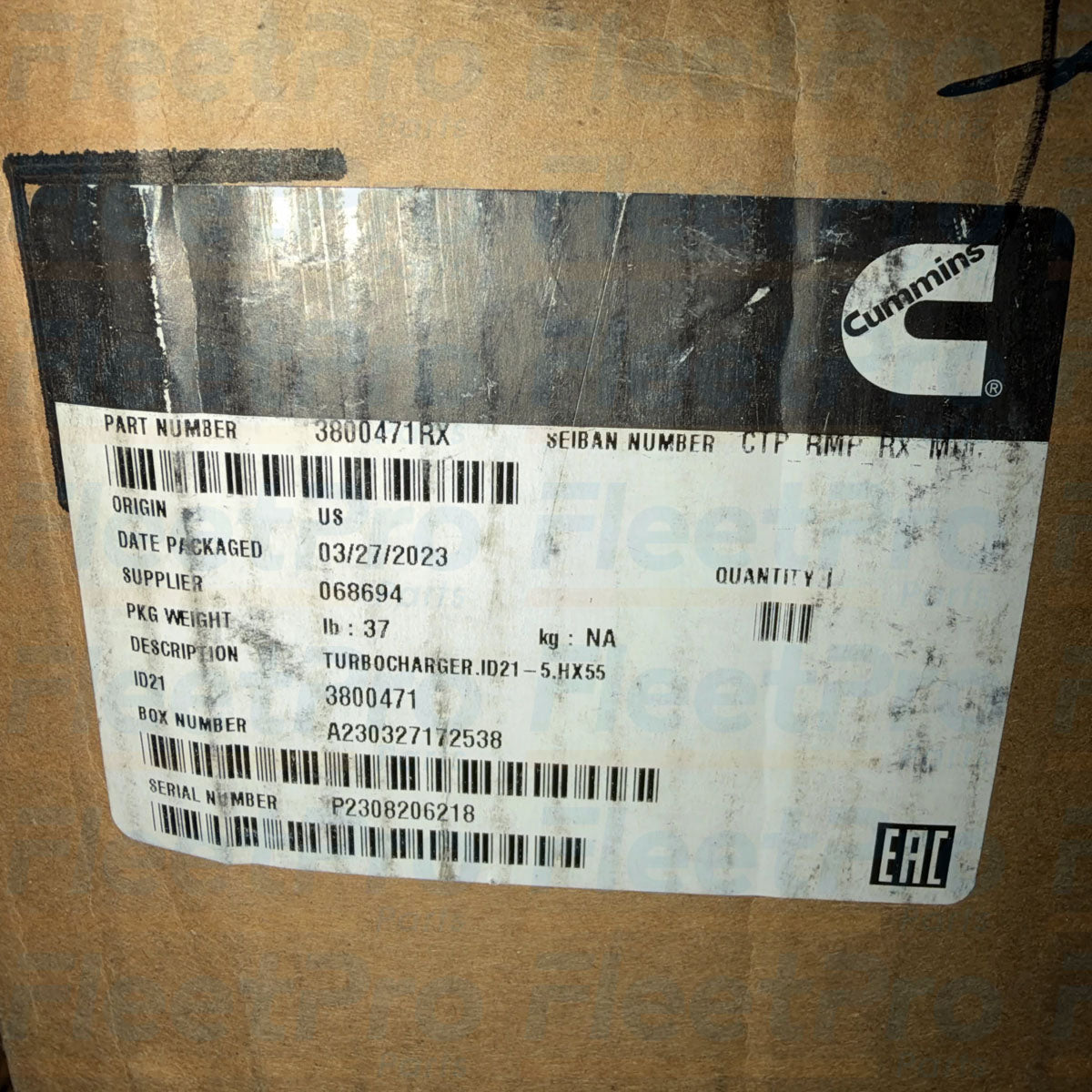 Factory shipping box packaging and genuine Cummins ReCon manufacturer label for 3800471RX