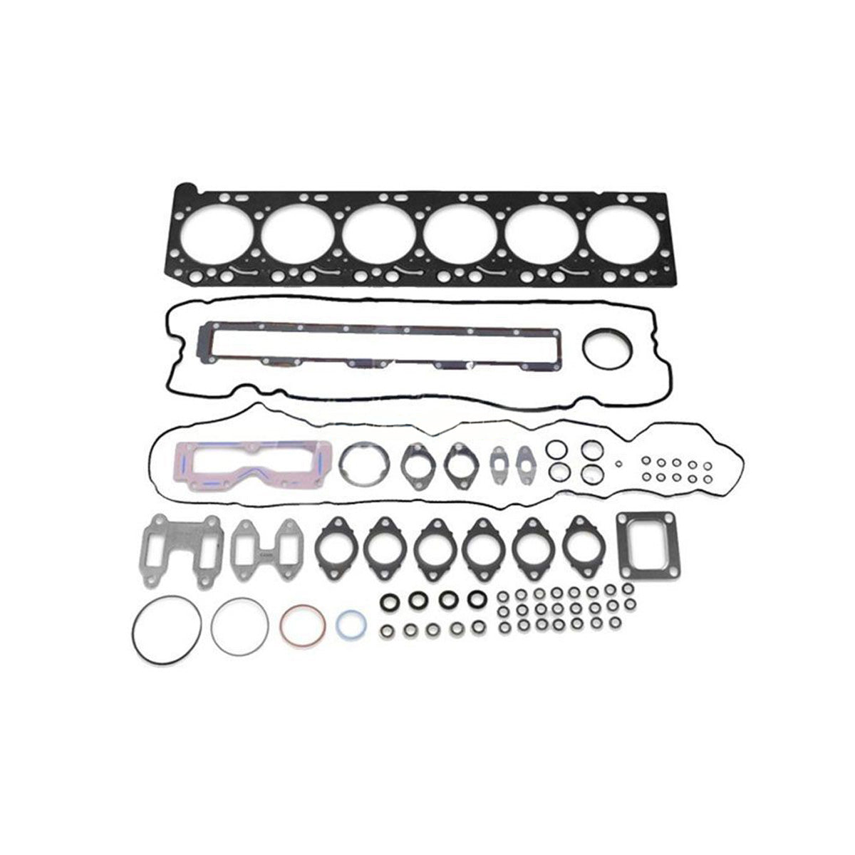 Components of Cummins 5473339 Head Gasket Kit laid out, showing gaskets and seals