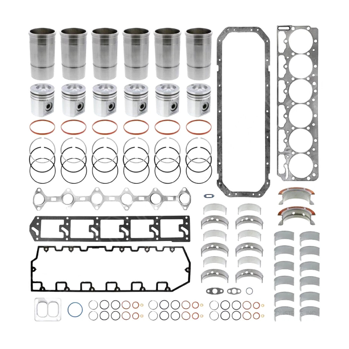 Components of International DT530E Overhaul Kit 1836012C99 laid out for assembly