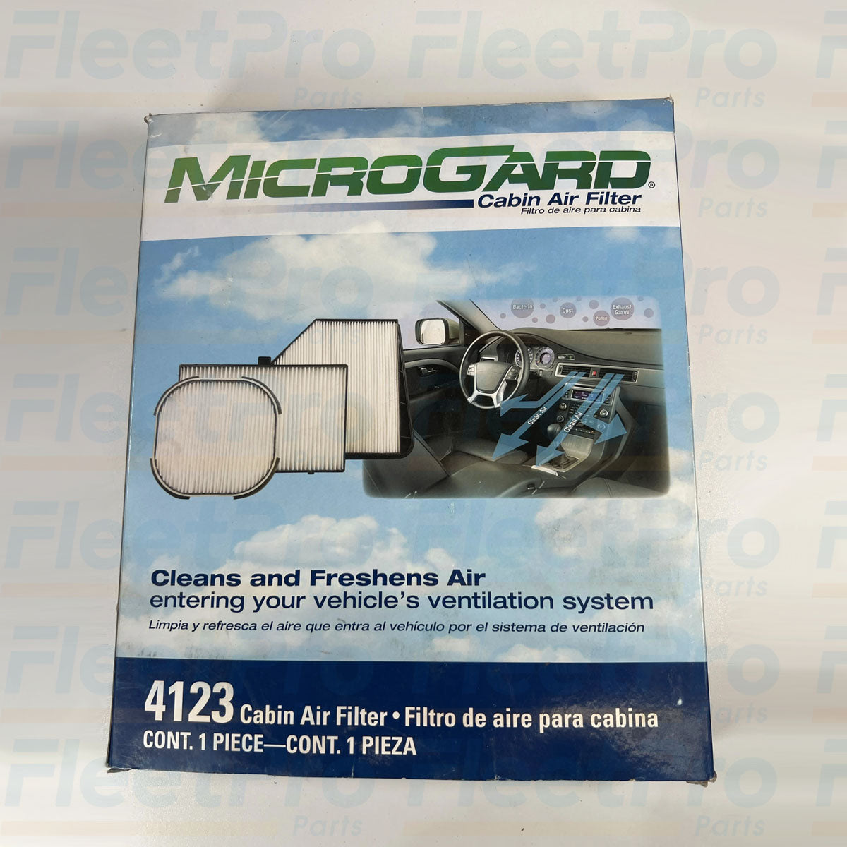 Close-up view of synthetic pleated media on Microgard 4123 cabin air filter