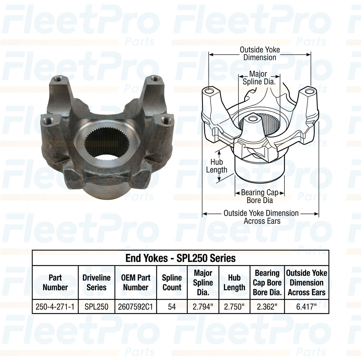 Technical dimensional layout and hub diameter schematic drawing for Spicer 250-4-271-1