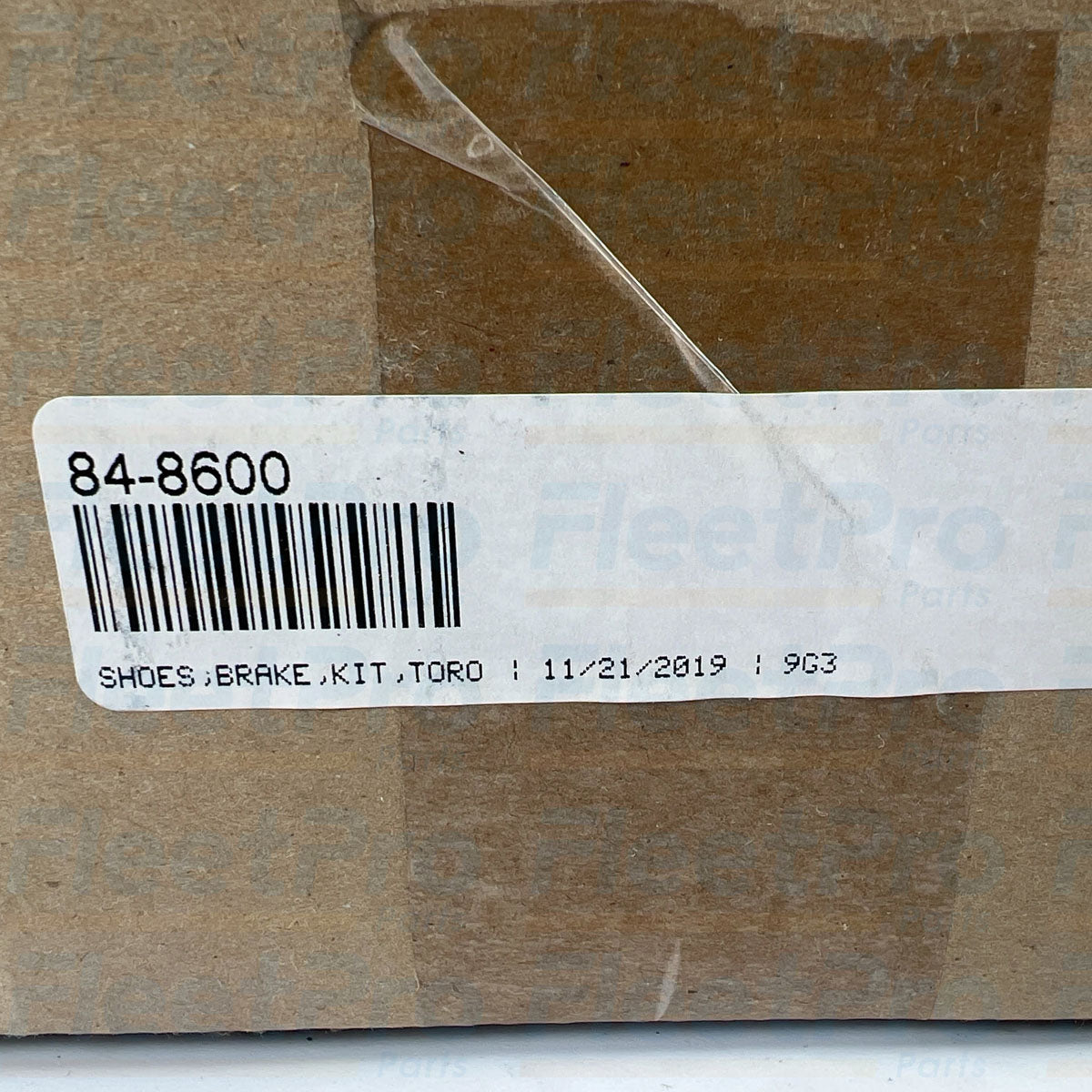Package layout and part identification label for pre-owned Toro 84-8600 brake shoe set