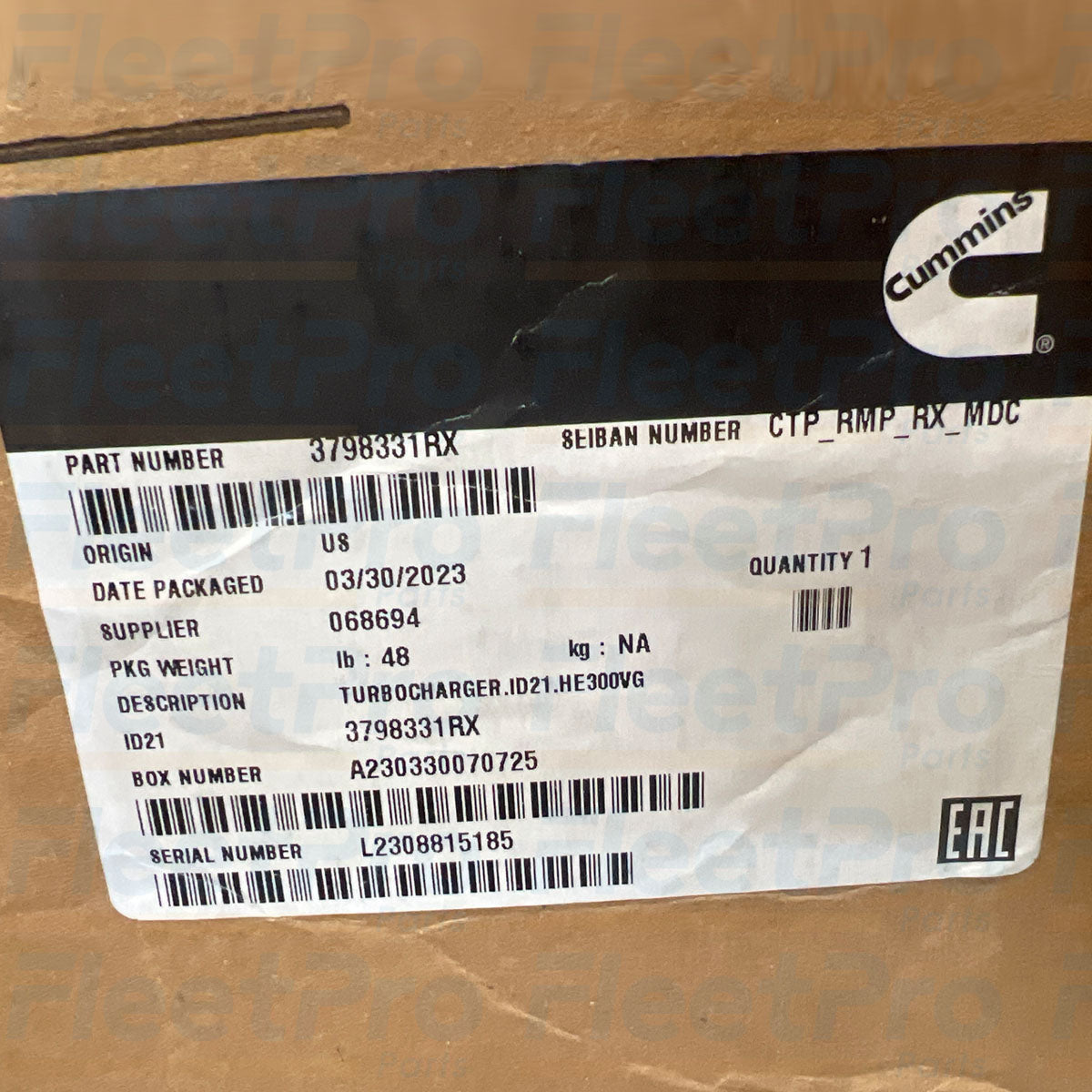 Cummins 3798331RX turbocharger damaged box packaging