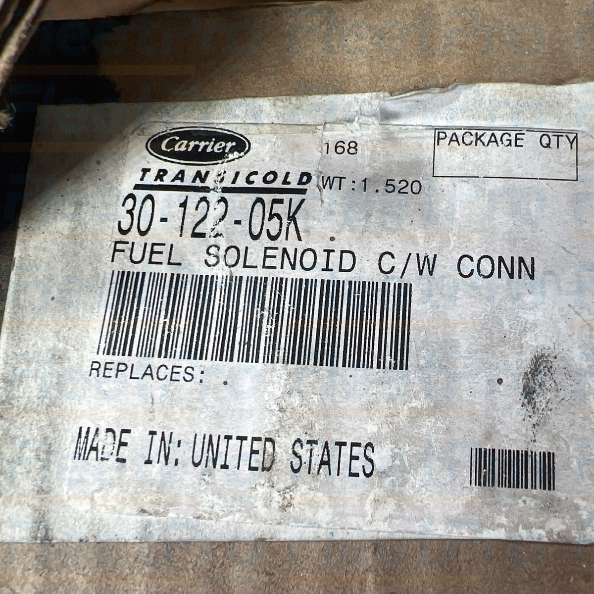 Retail packaging box view for genuine Carrier Transicold 30-122-05K fuel solenoid