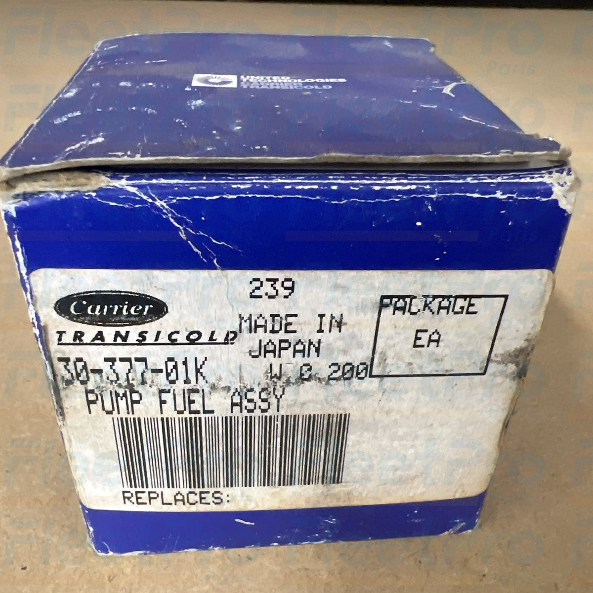 Factory box packaging and part label view for genuine Carrier 30-377-01K fuel pump