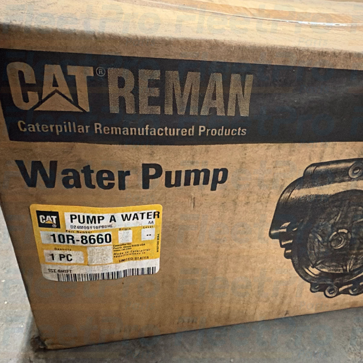 Factory shipping box packaging and genuine Caterpillar remanufactured part label for 10R-8660