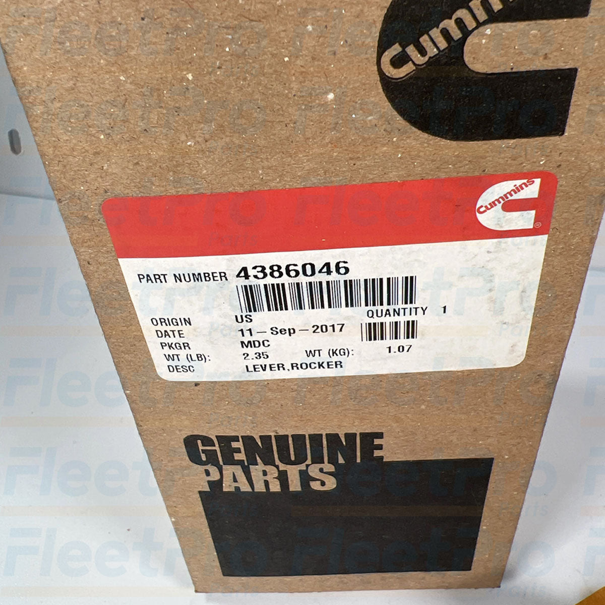 Genuine Cummins box packaging and label view for 4386046 rocker arm