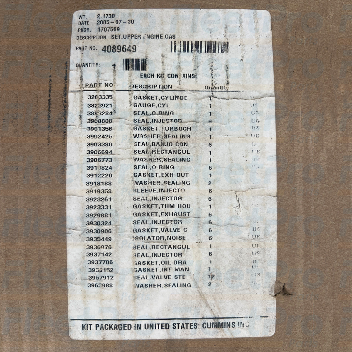 Cummins engine rebuild upper gasket set 4089649