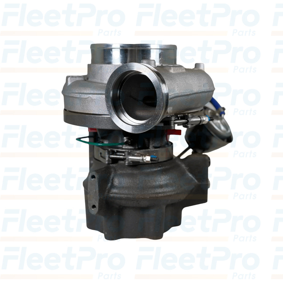 Turbine housing and exhaust outlet close-up of Detroit Diesel RA4710968699 reman turbocharger