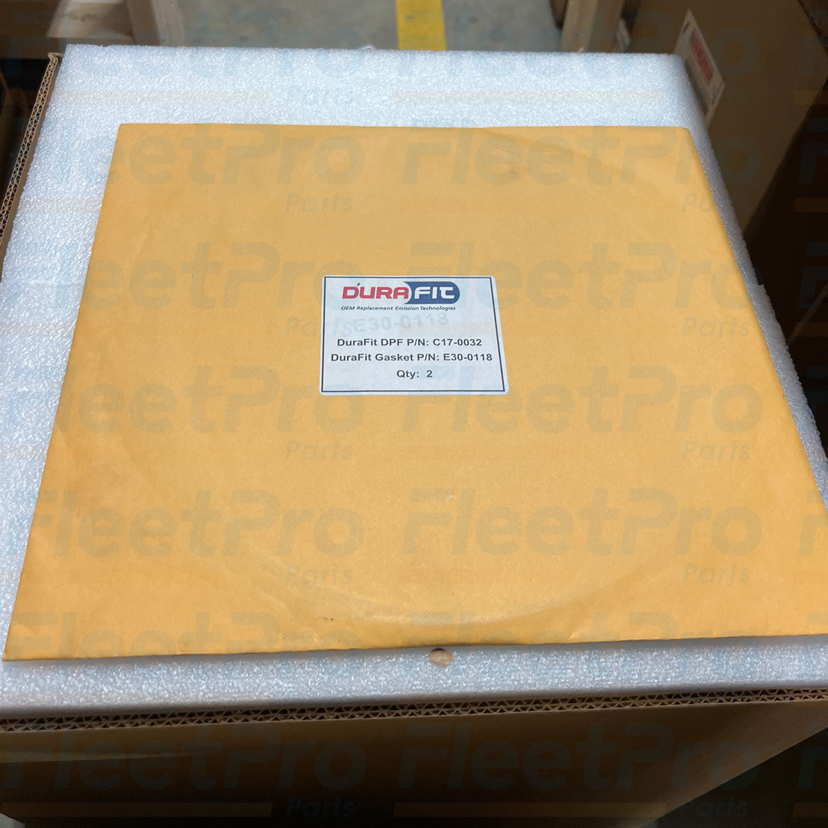 Factory protective box packaging and part label view for DuraFit C17-0032 DPF