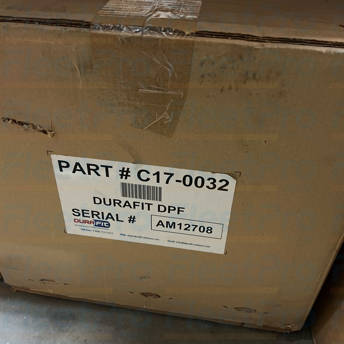 Factory protective box packaging and part label view for DuraFit C17-0032 DPF