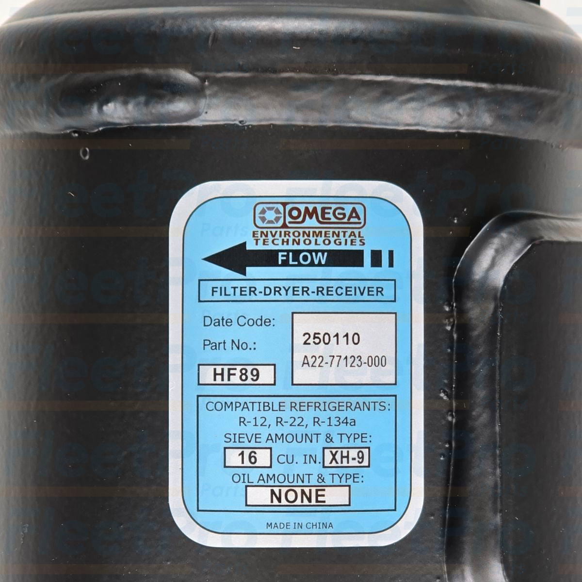 Close-up of label details and air fittings on Freightliner A/C Air Dryer A22-77123-000