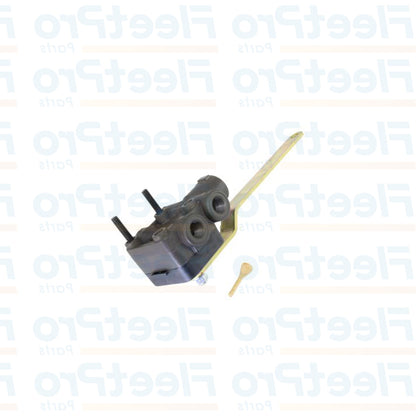 Side profile of KD2205 leveling valve showing lever arm and ports