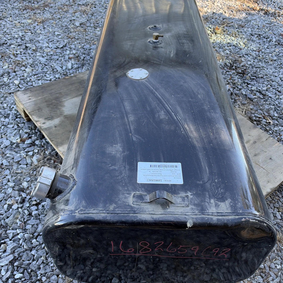 Genuine International Navistar 1682659C92 65 gallon aluminum diesel fuel tank full front view