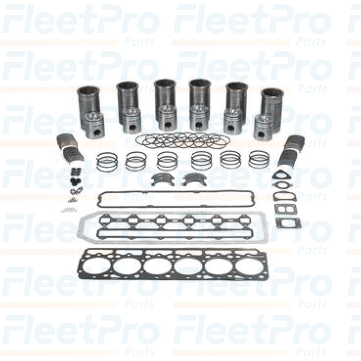 Components of International DT466E Overhaul Kit FLTWK1876205 laid out for installation