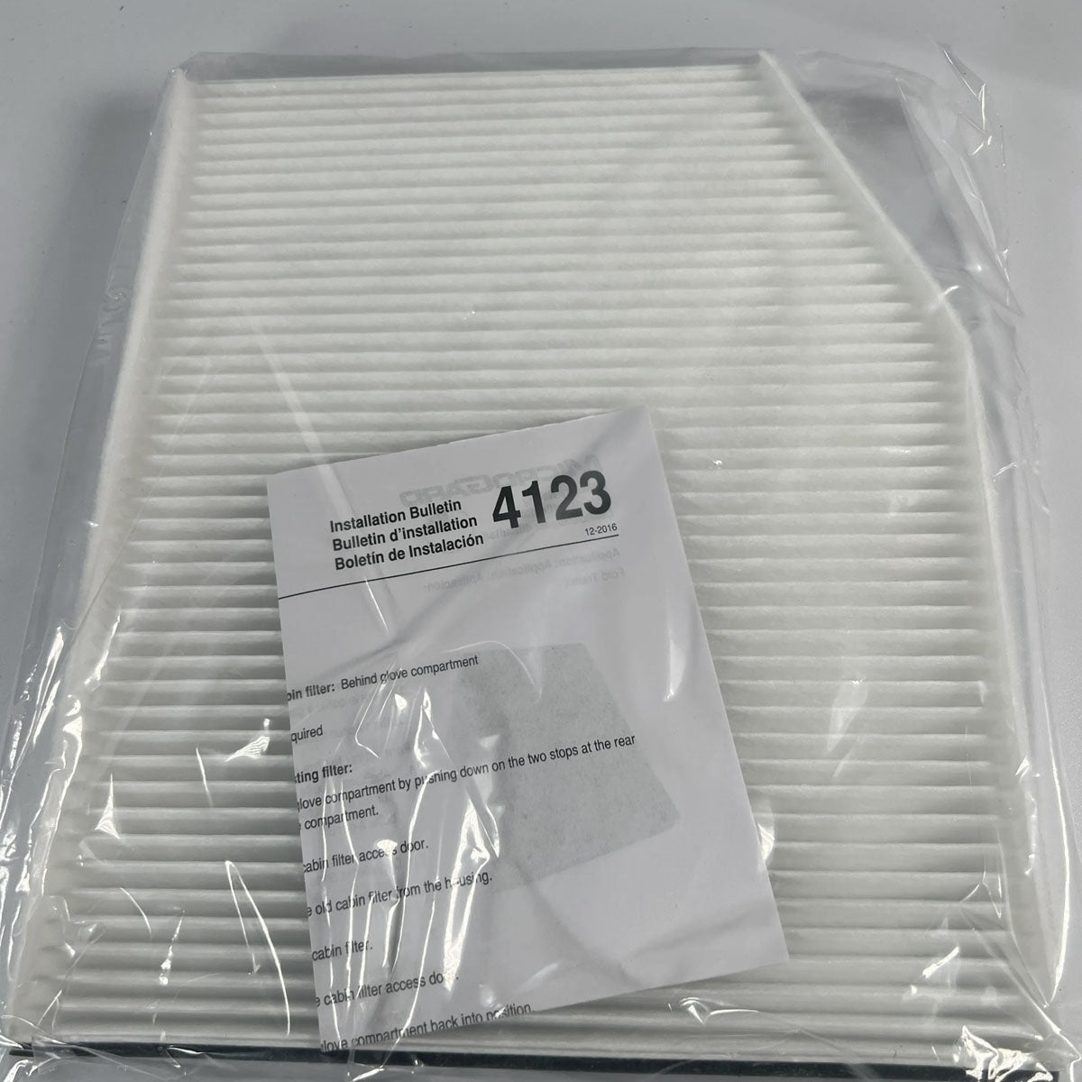 Microgard 4123 cabin air filter full front view showing pleated media