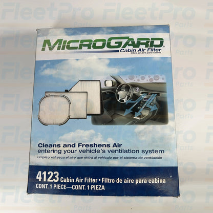 Close-up view of synthetic pleated media on Microgard 4123 cabin air filter