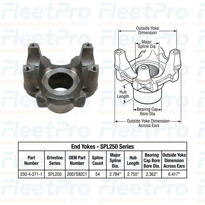 Technical dimensional layout and hub diameter schematic drawing for Spicer 250-4-271-1