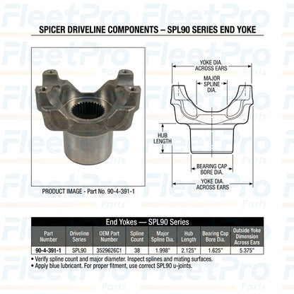 Technical dimensional layout and hub diameter schematic drawing for Spicer 3529626C1 / 90-4-391-1
