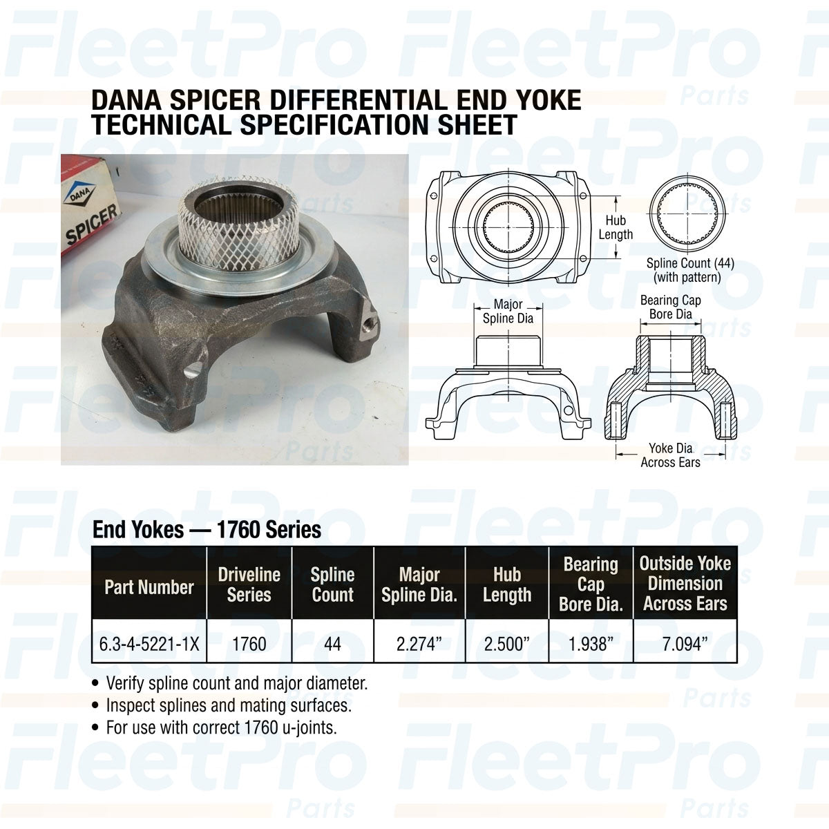 Technical dimensional layout and 44-spline hub diameter schematic drawing for Spicer 6.3-4-5221-1X