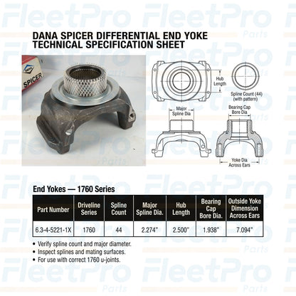 Technical dimensional layout and 44-spline hub diameter schematic drawing for Spicer 6.3-4-5221-1X