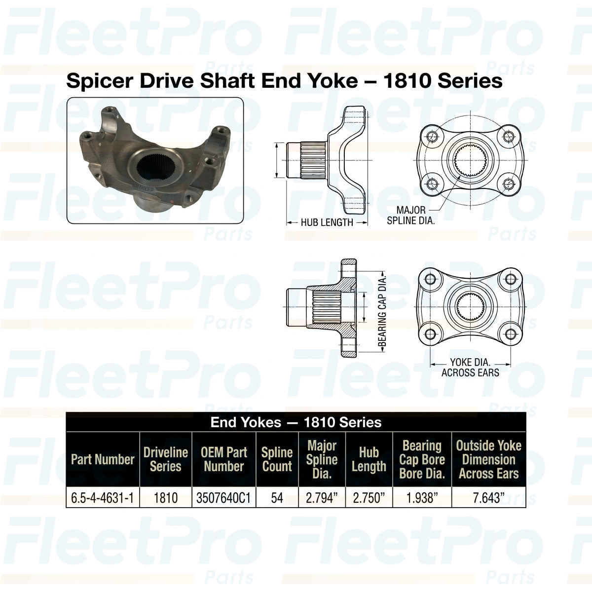 Technical dimensional layout and hub diameter schematic drawing for Spicer 6.5-4-4631-1