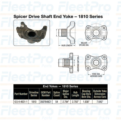 Technical dimensional layout and hub diameter schematic drawing for Spicer 6.5-4-4631-1