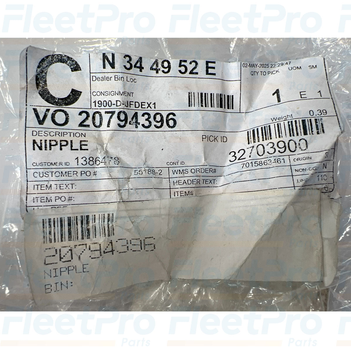 Volvo air line nipple fitting 20794396
