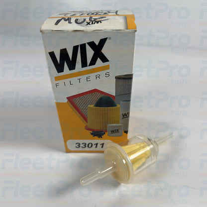 Close-up view of barbed nipple inlet fitting on Wix 33011 inline fuel filter